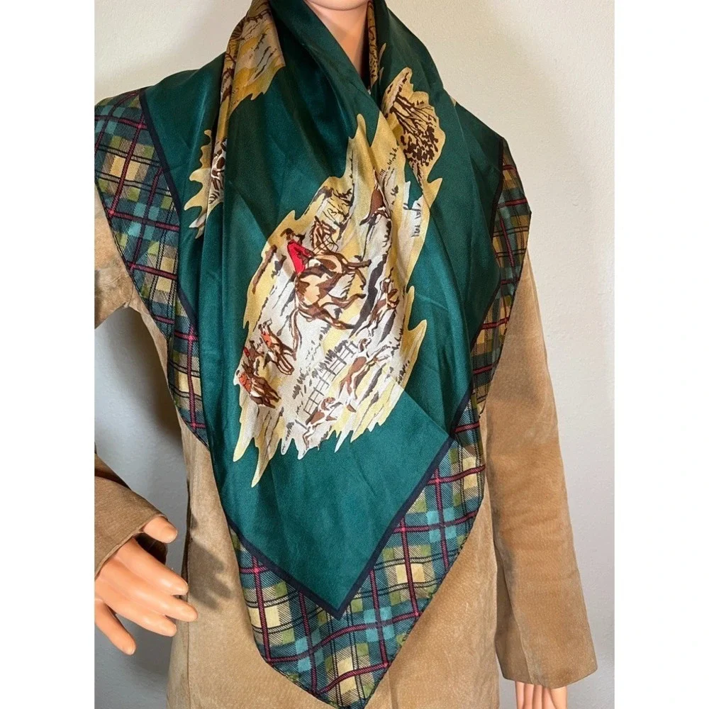 Vintage Equestrian Scarf Fox Hunt Plaid Satin Scarf‎ Green Preppy Classic Horse